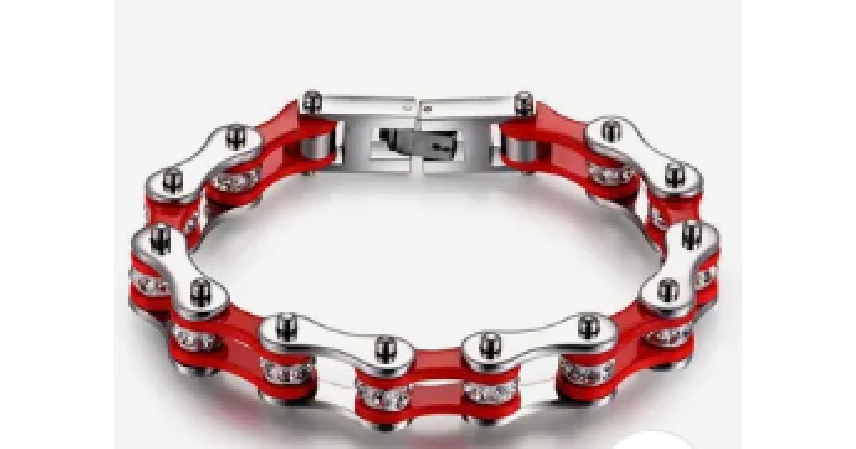 Ladies Red  Stainless Steel Bike Chain Bracelet with Cubic Zurconia Diamonds